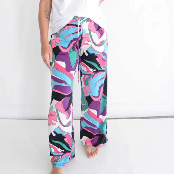 Beach Break Multi Colour  Allover Print Elastic Waist Straight Leg Lounge Pant M - Picture 1 of 10